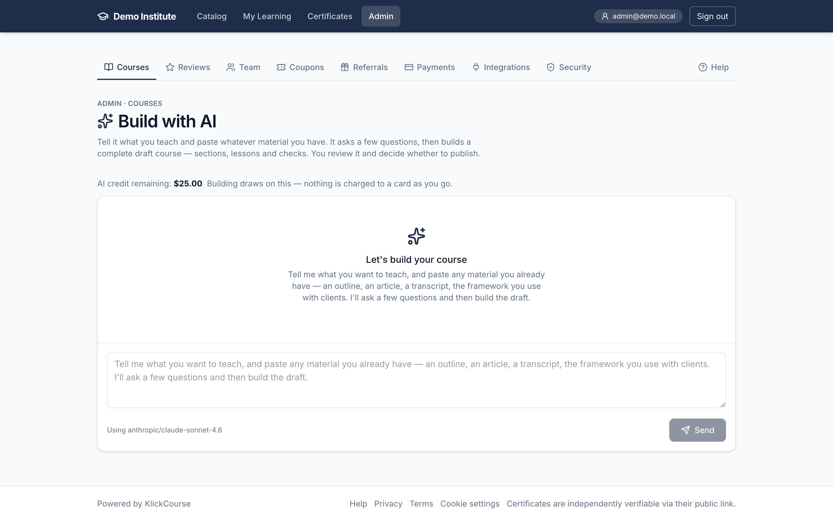 The Build with AI page: a chat box with the remaining AI credit shown above it