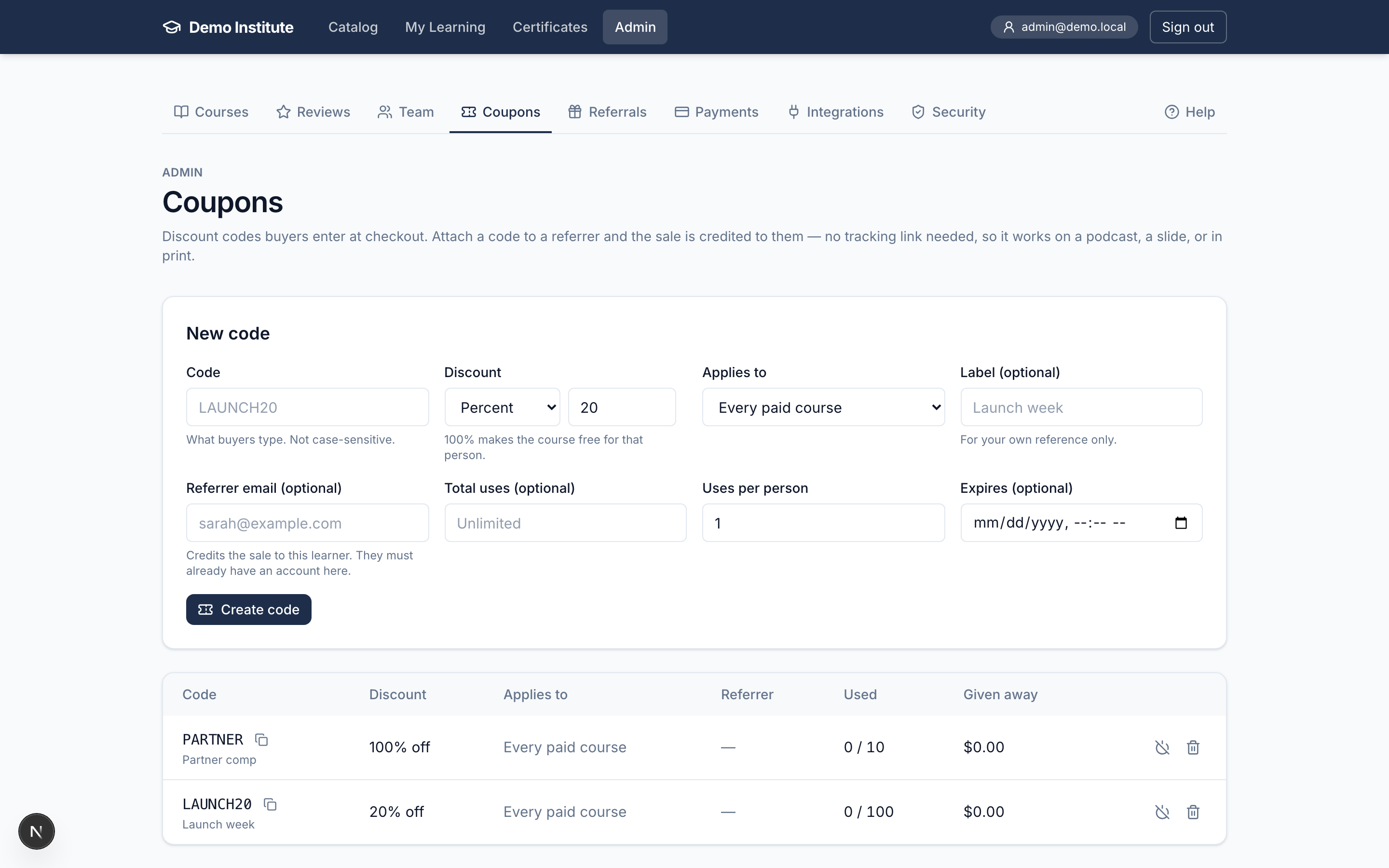 Admin → Coupons with the new-code form and the list of existing codes