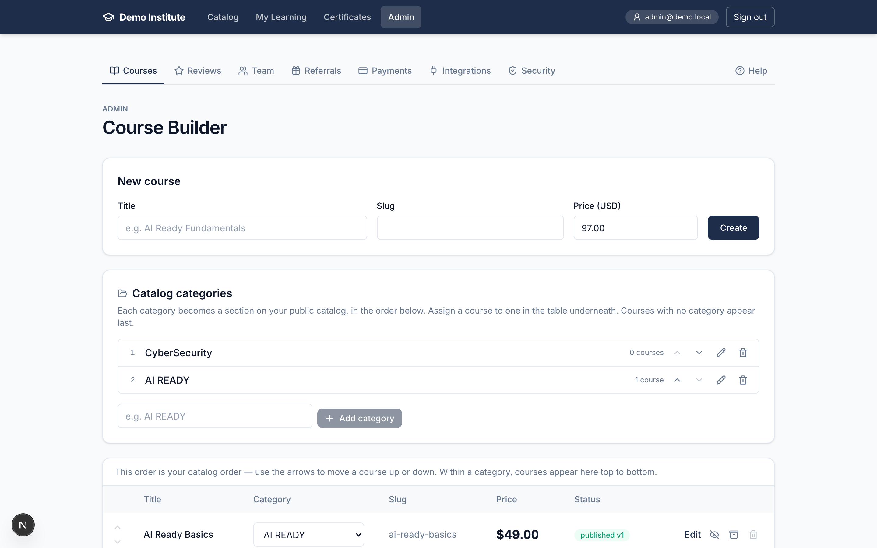 Admin → Courses showing the Catalog categories card and the course table with order arrows