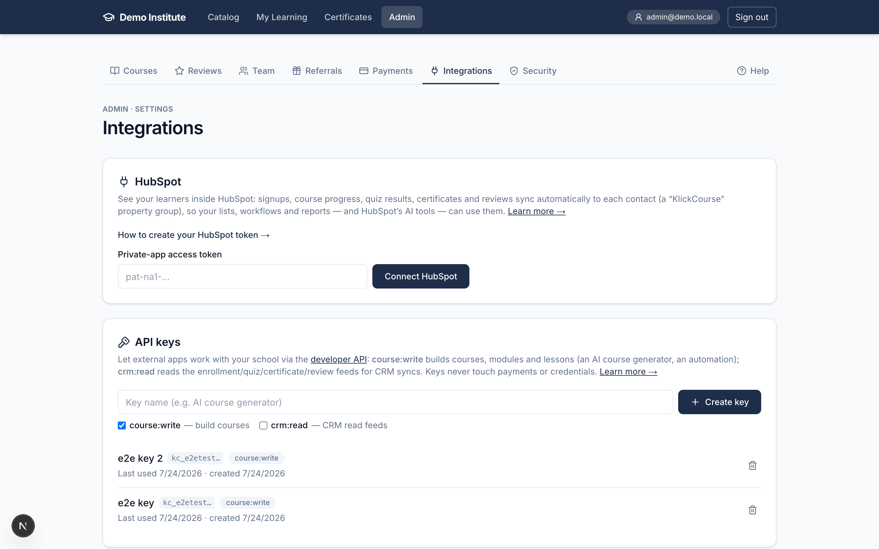 The Admin → Integrations page with the HubSpot connection card and API keys