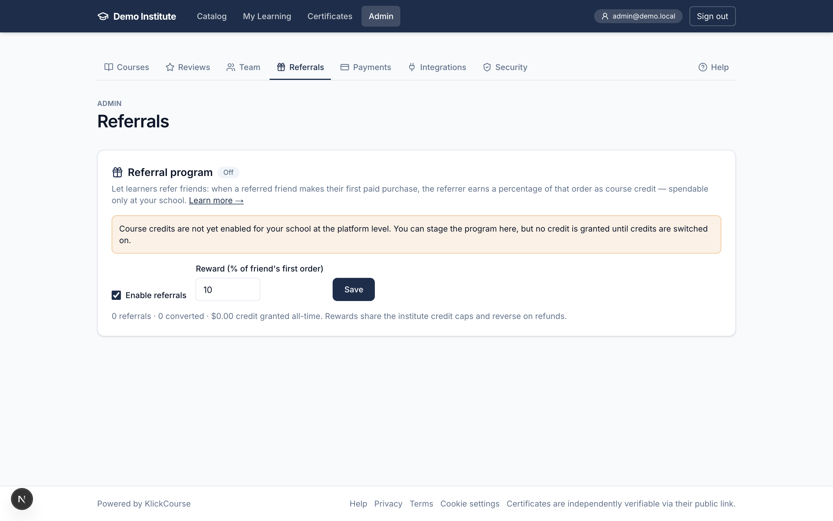 The Admin → Referrals page with the enable toggle and reward rate