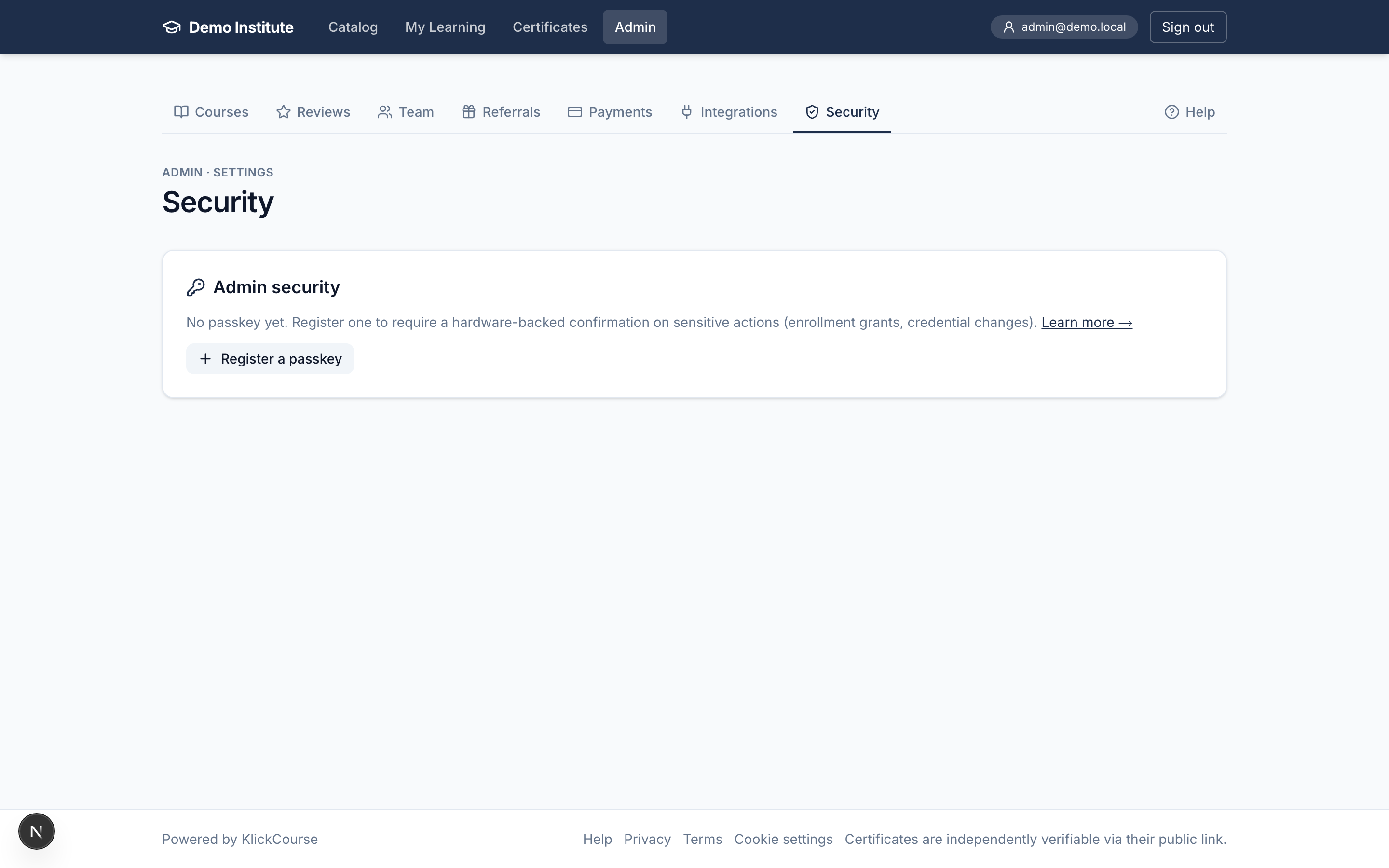 The Admin → Security page with passkey registration