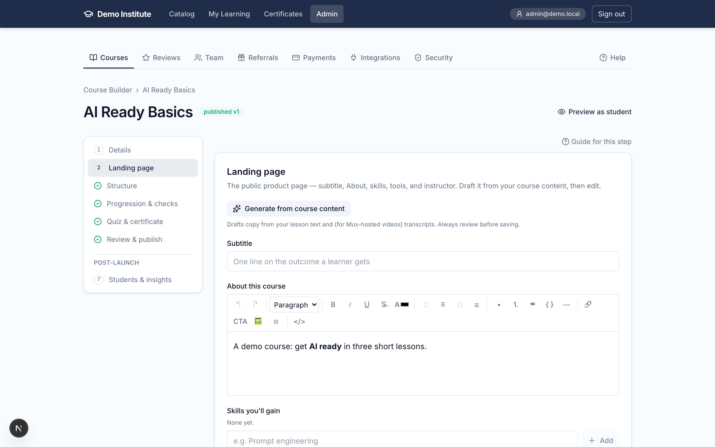 The Landing page step of the course builder
