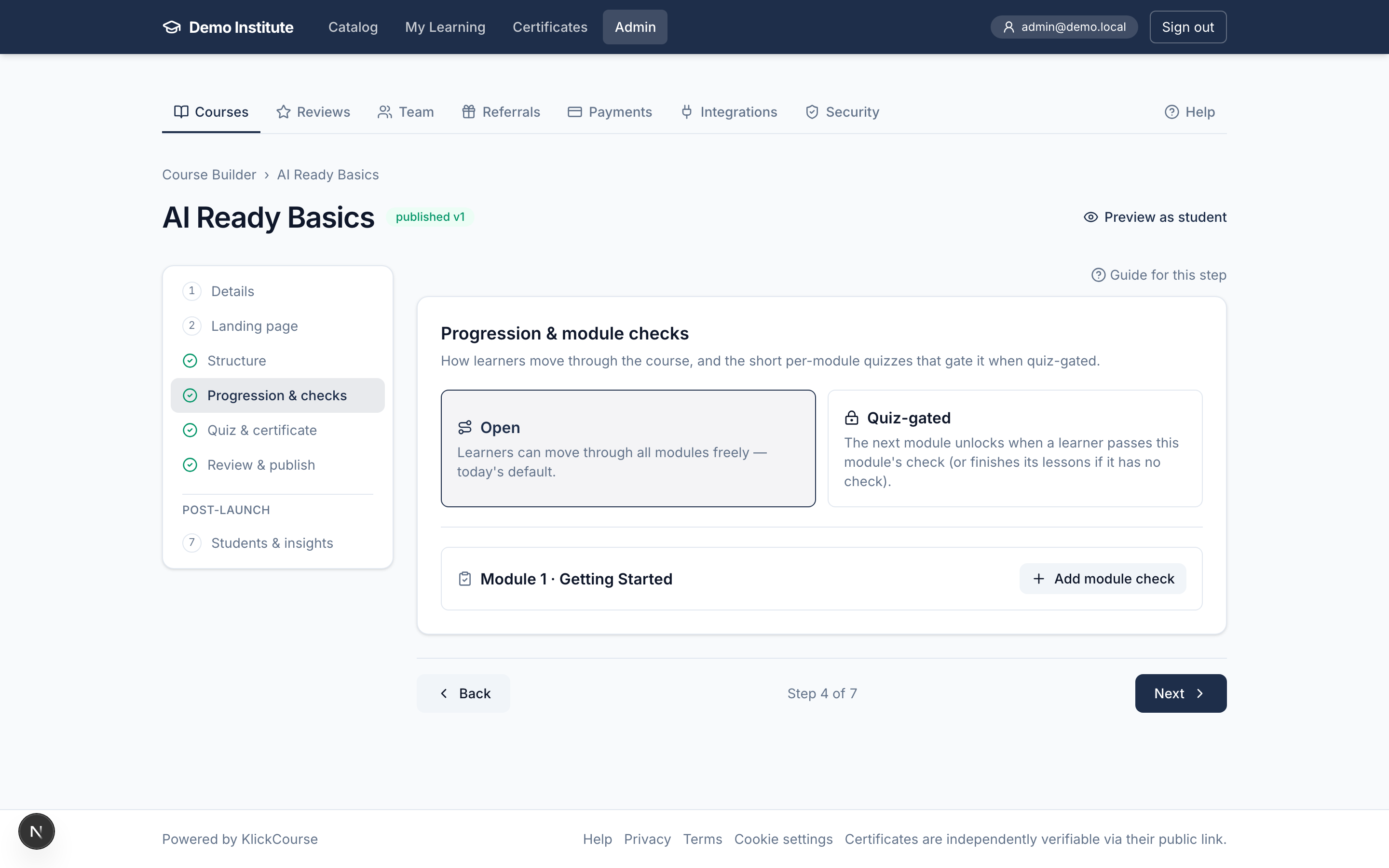 The Progression & checks step with open vs quiz-gated options