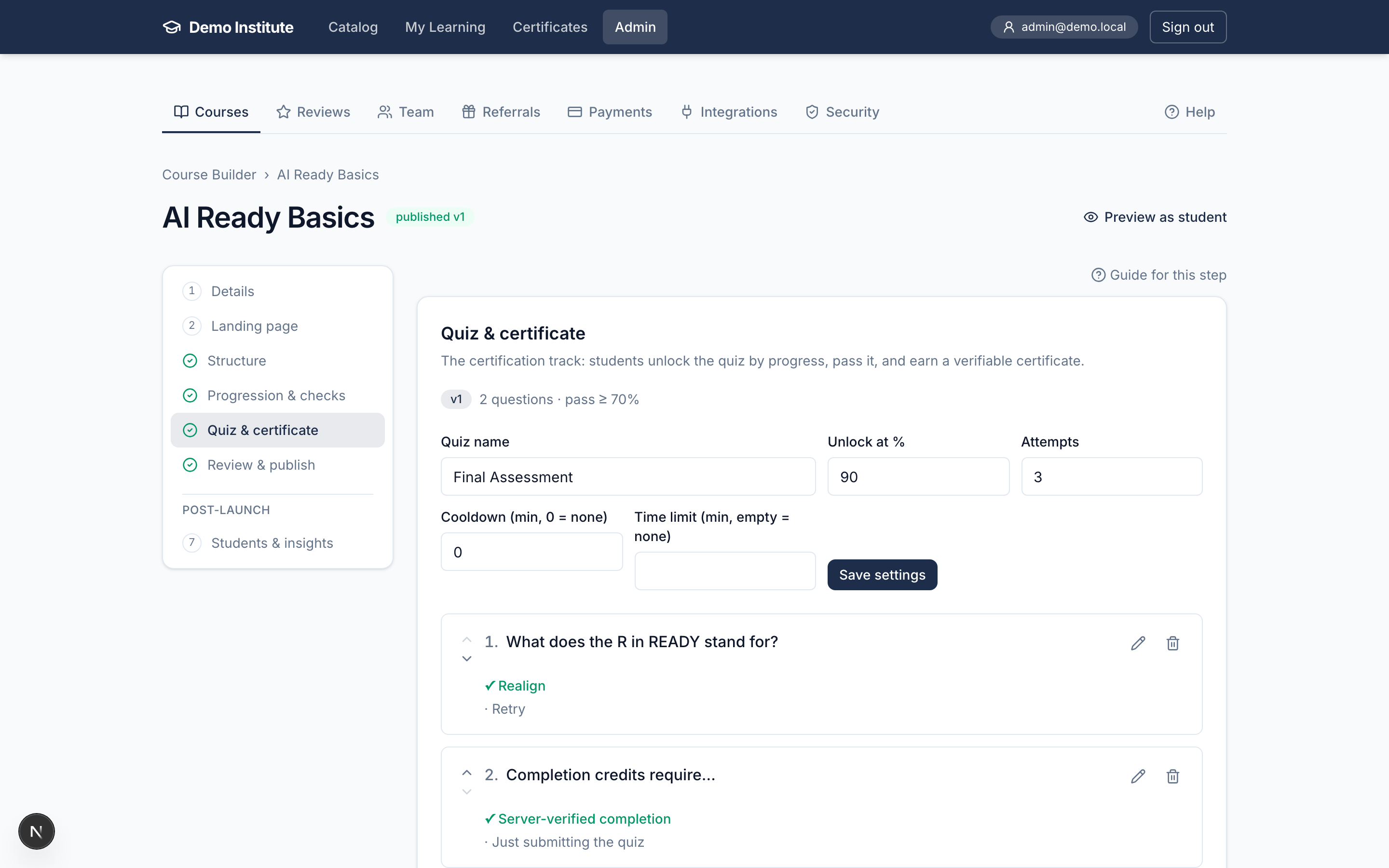 The Quiz & certificate step with quiz settings and the certificate template