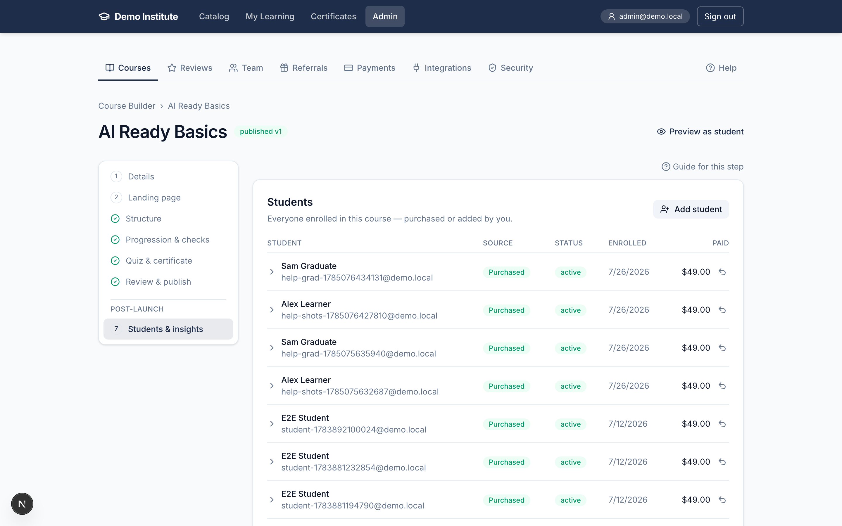 The Students & insights step with the roster and completion funnel