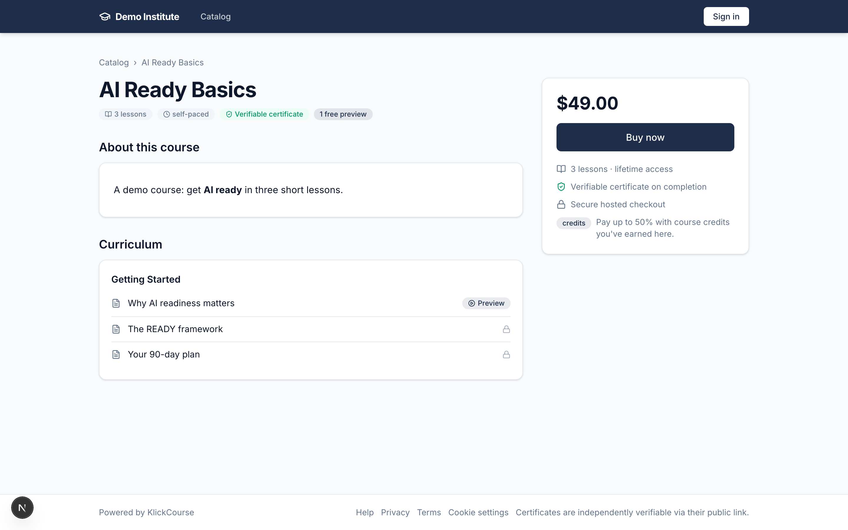 A course page with curriculum, instructor and the purchase card