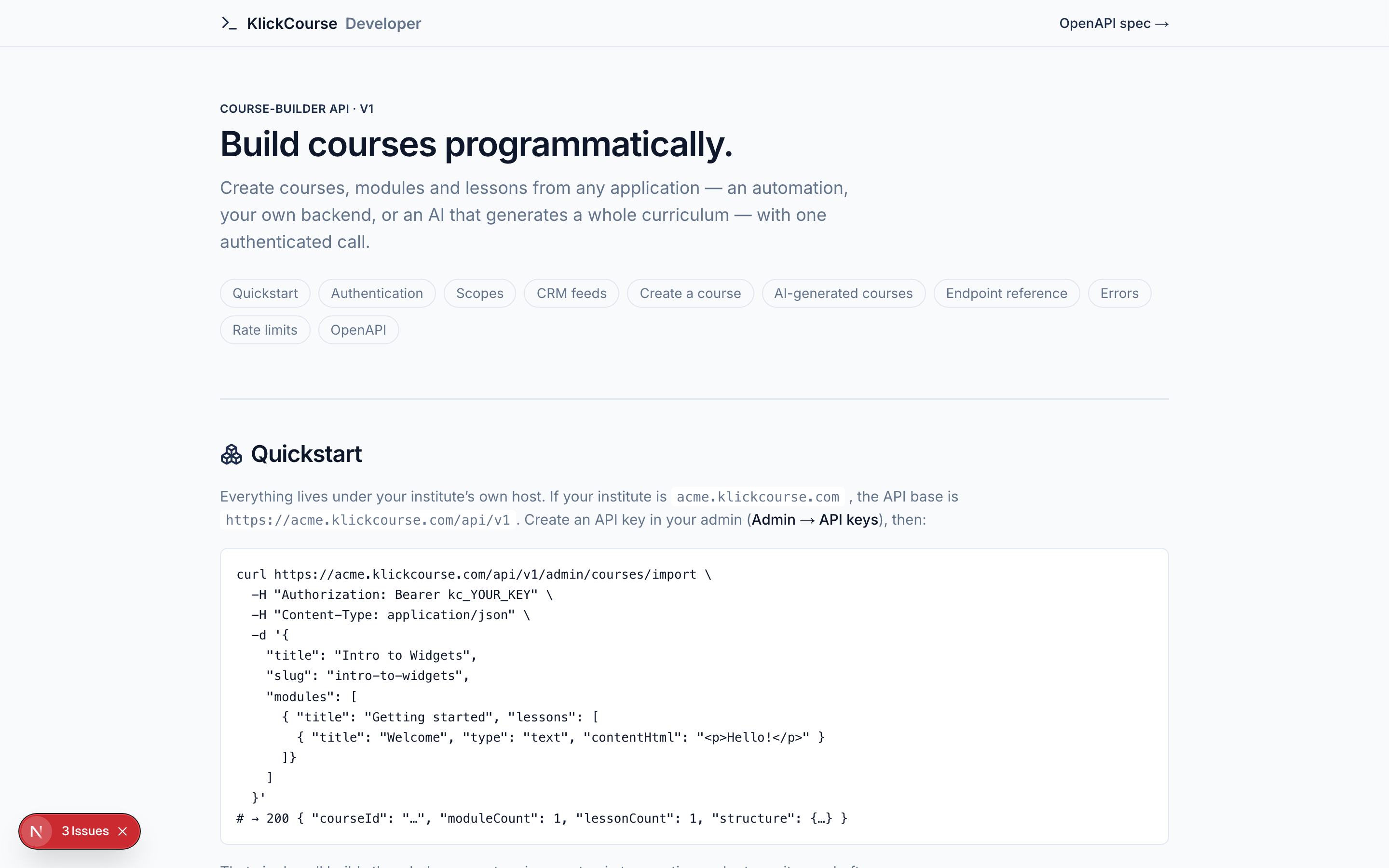The developer portal with the API quickstart and endpoint reference