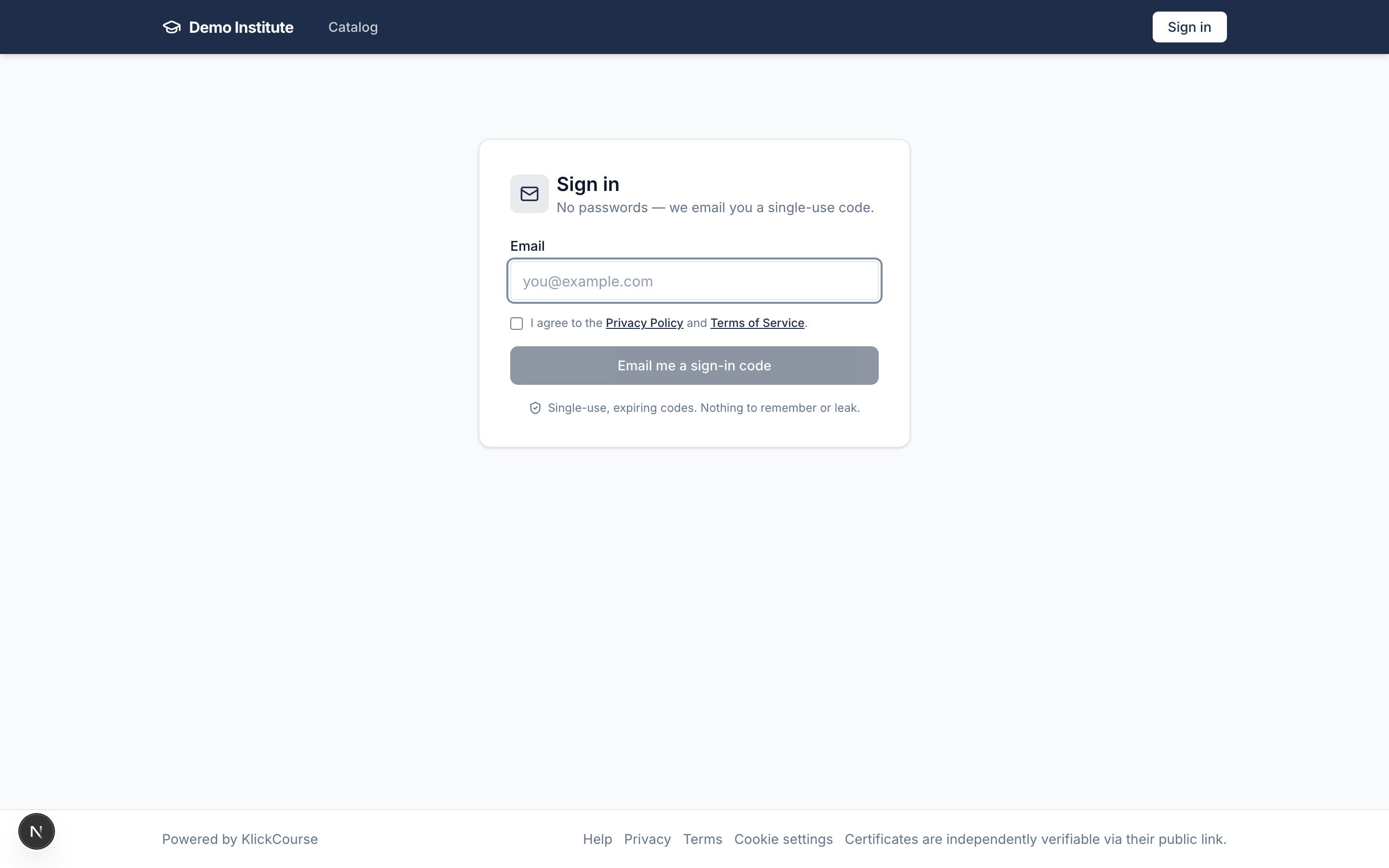 The sign-in page with the email field and the “Email me a sign-in code” button