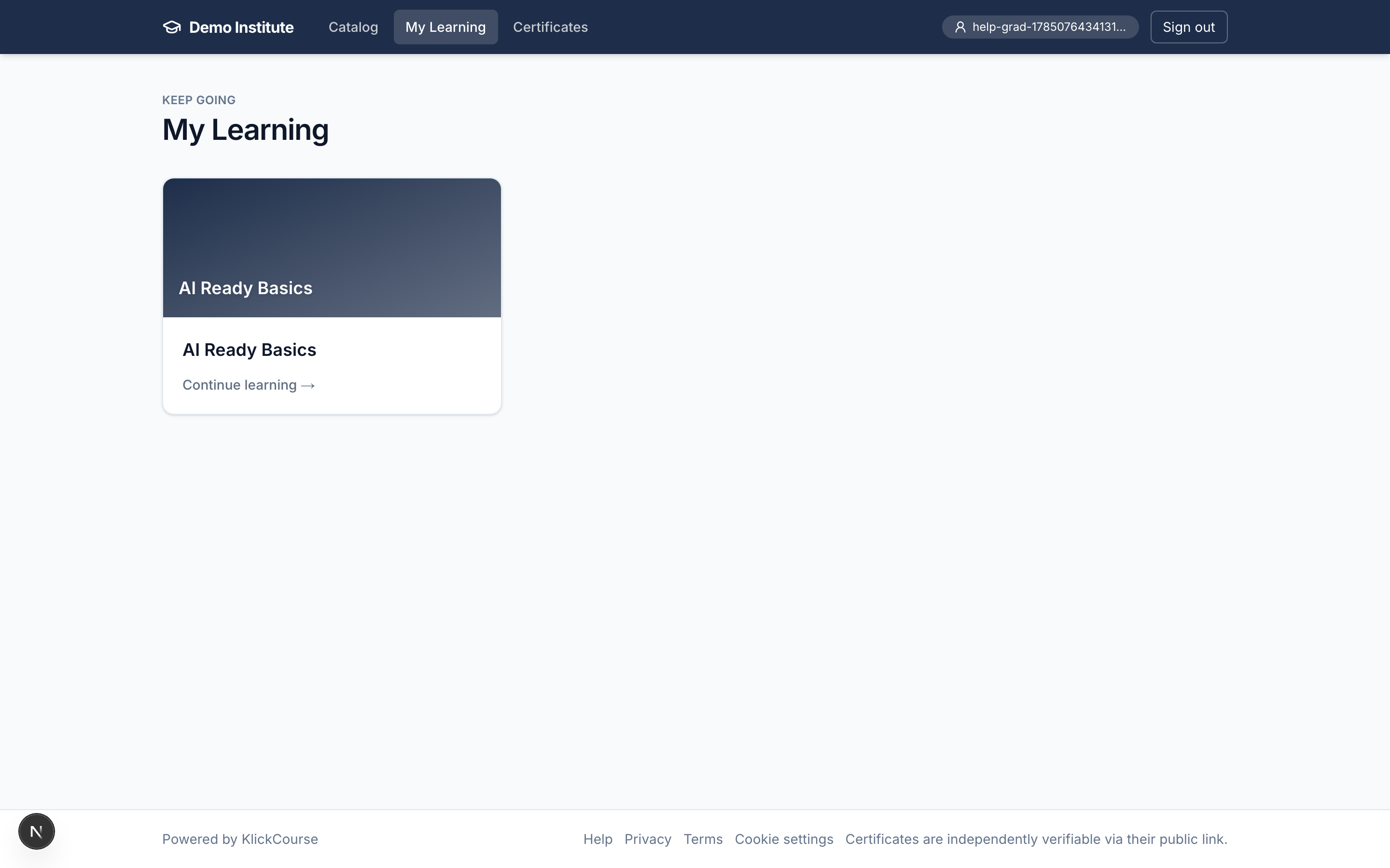 The learner referral page with the share link and stats