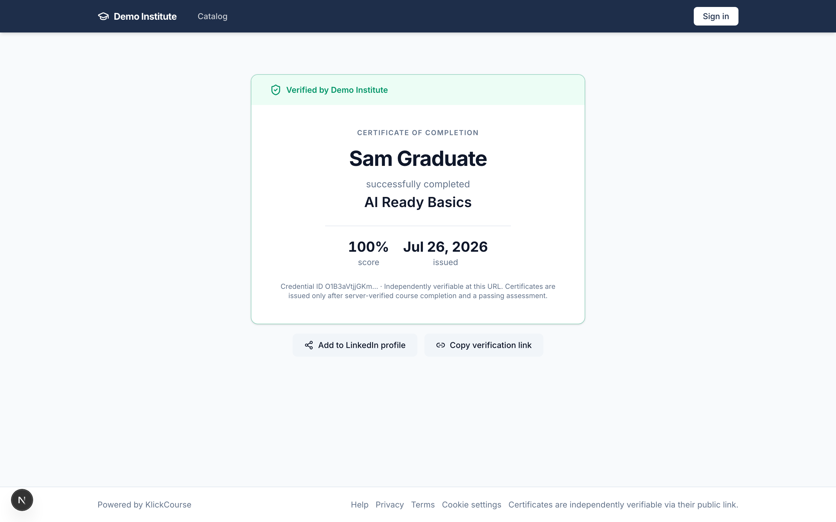The public certificate verification page